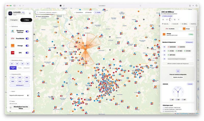 Aperçu de la carte des antennes Luvimobile sur mobile