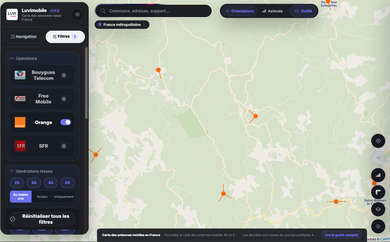 carte antennes relais outils orientations des antennes