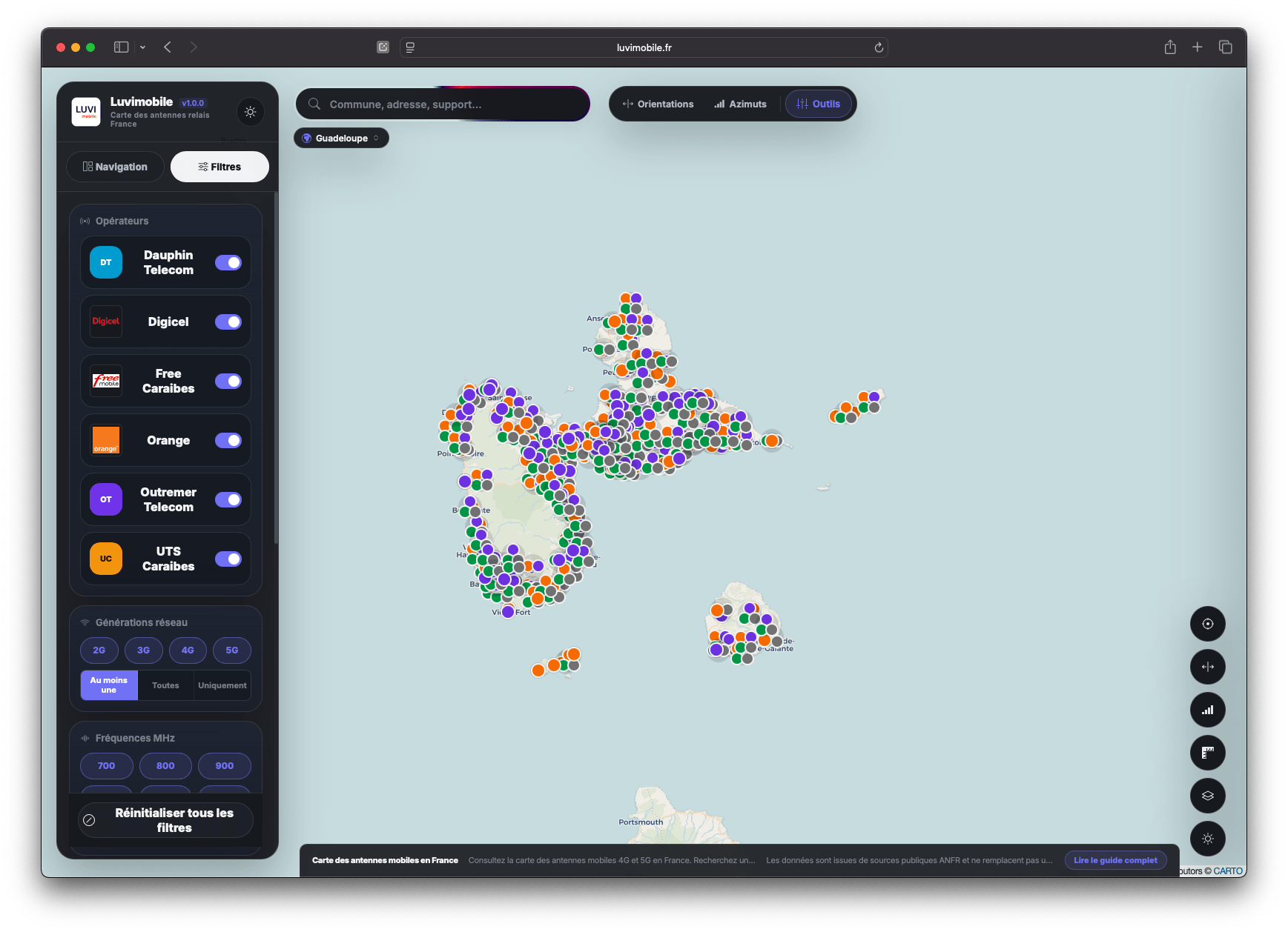 carte des antennes relais Guadeloupe